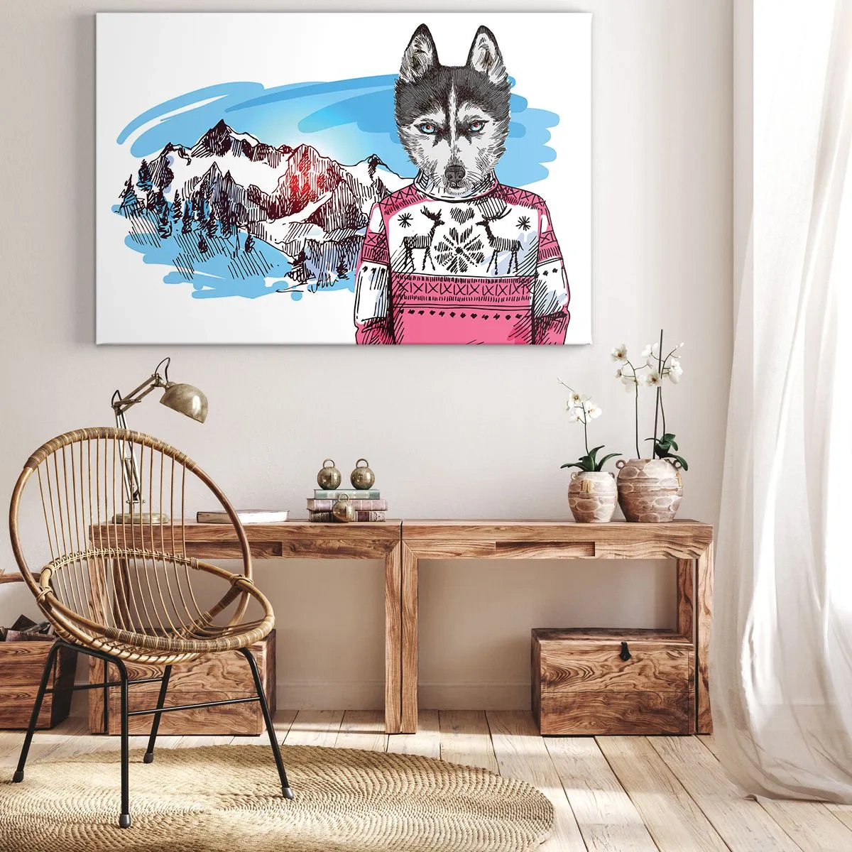 Obraz na plátně - Vlk v zimním svetru proti horské krajině - 70x50cm - Vlk v ovčím rounu - Moderní nástěnná dekorace do obývacího pokoje a ložnice ARTTOR