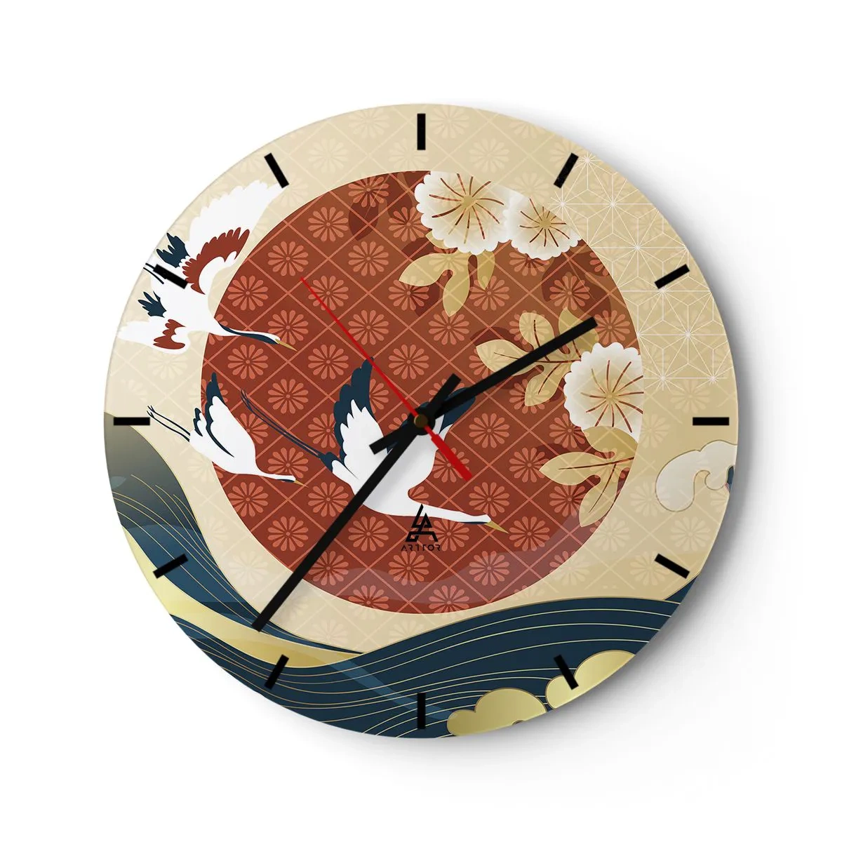 Nástěnné hodiny - Japonští jeřábi na pozadí červeného kruhu a stylizovaných vln. - 30x30cm - Japonská pohádka - Moderní nástěnná dekorace do obývacího pokoje, kuchyně a ložnice ARTTOR