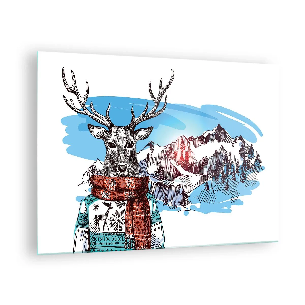 Obraz na skle - Jelen ve svetru a šálě na pozadí horské krajiny - 70x50cm - Ani jelen nemrzne  - Moderní nástěnná dekorace do obývacího pokoje a ložnice ARTTOR