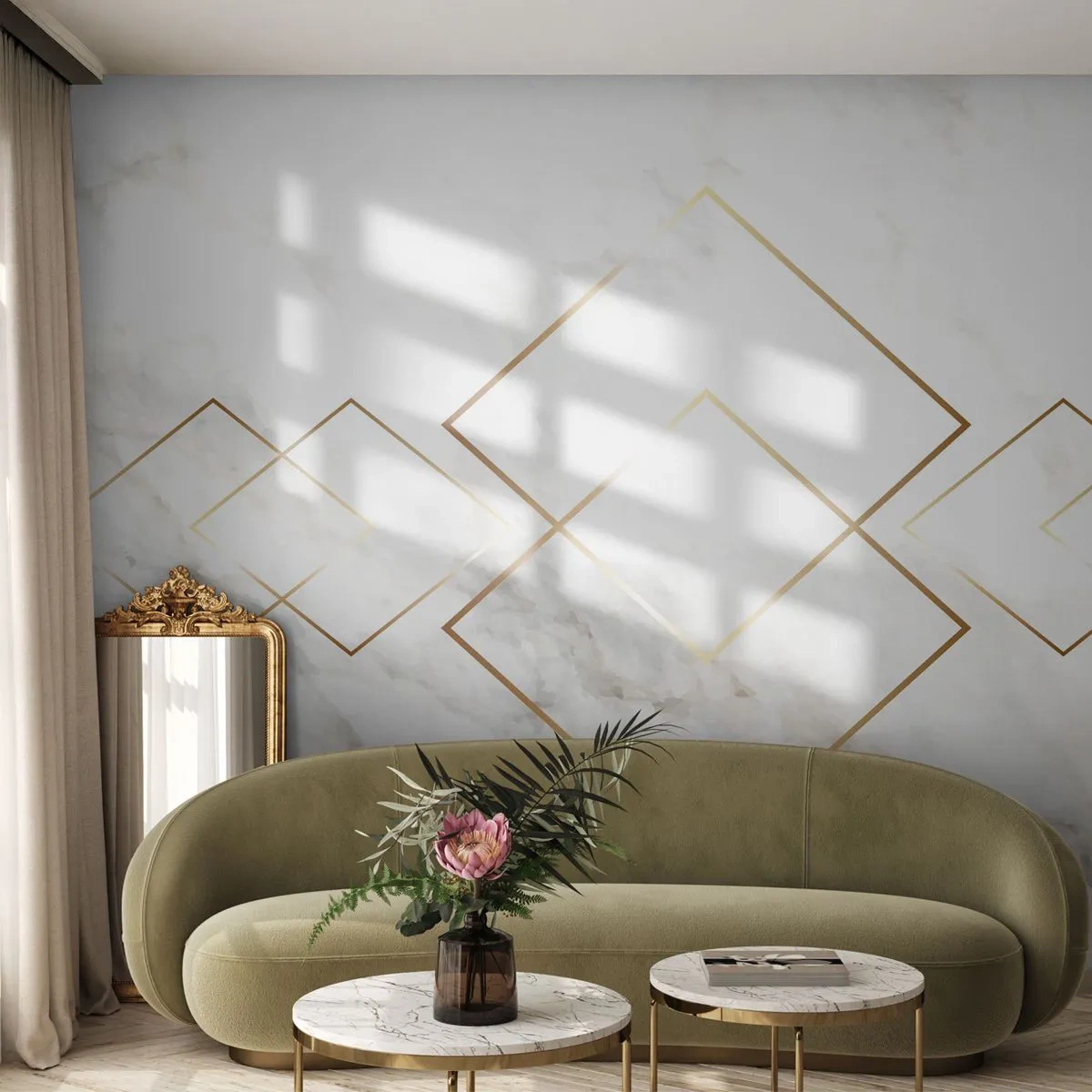 Fototapeta Standard Eco - Bílé mramorové pozadí se zlatými geometrickými vzory - 100x70cm - Pohled na nekonečno - Moderní nástěnná dekorace do obývacího pokoje a ložnice ARTTOR