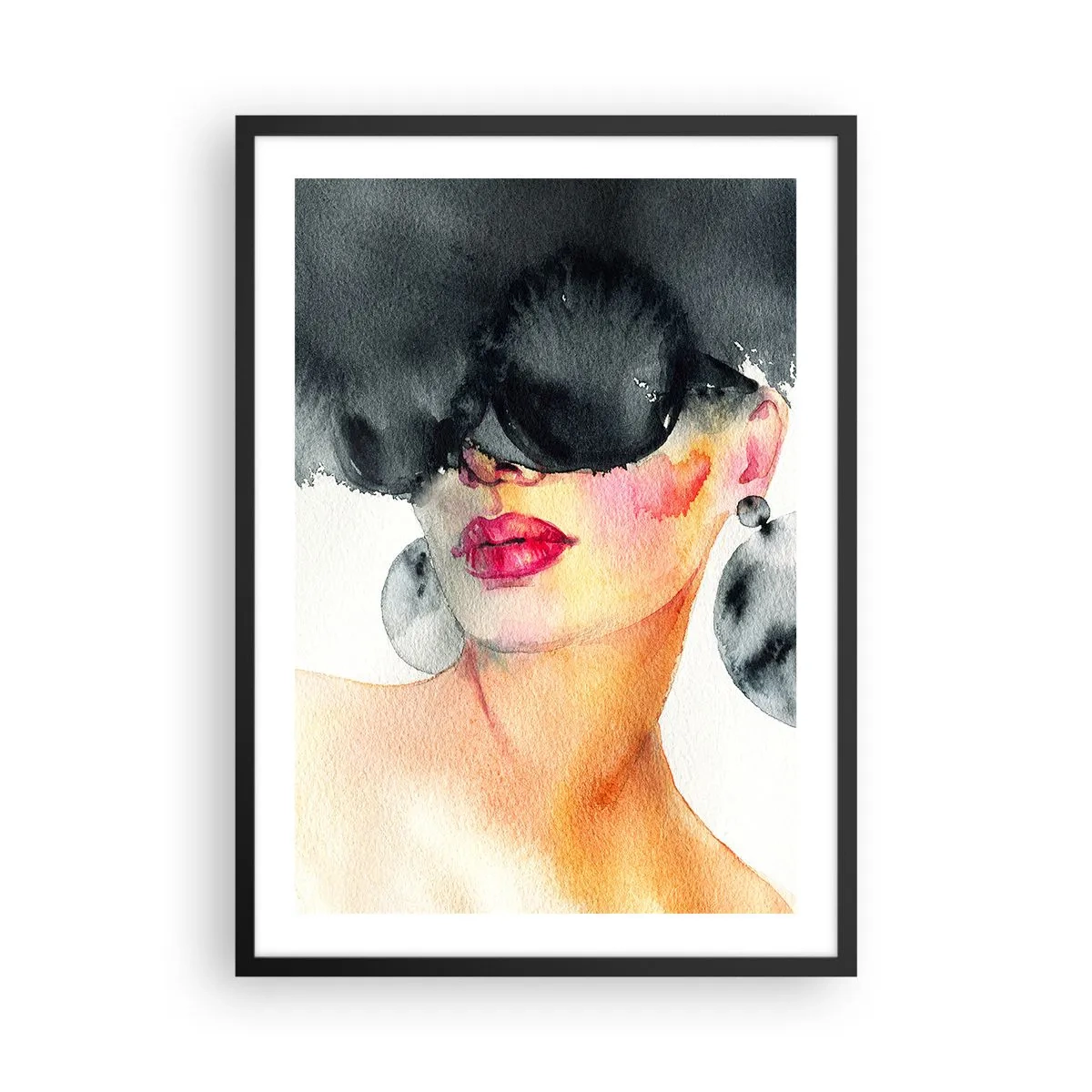 Plakát v černém rámu - Akvarelový portrét ženy s velkými náušnicemi a černou maskou. - 50x70cm - Tajemství elegance - Moderní nástěnná dekorace do obývacího pokoje a ložnice ARTTOR