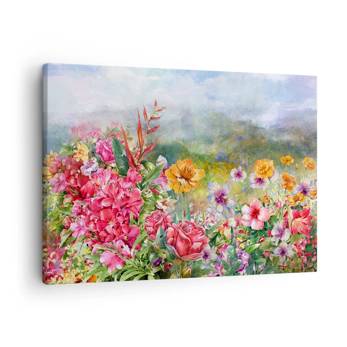 Obraz na plátně - Barevná kompozice květin na pastelově zbarveném pozadí krajiny - 70x50cm - Zahrada, která se zbláznila - Moderní nástěnná dekorace do obývacího pokoje a ložnice ARTTOR
