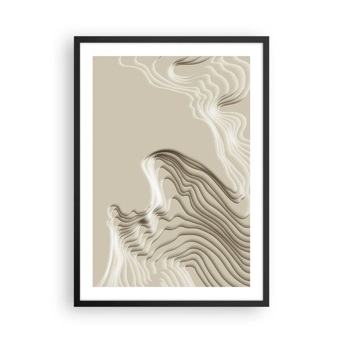 Plakát v černém rámu - Vrstvené vlny v odstínech béžové a hnědé - 50x70cm - Topografie umění - Moderní nástěnná dekorace do obývacího pokoje a ložnice ARTTOR