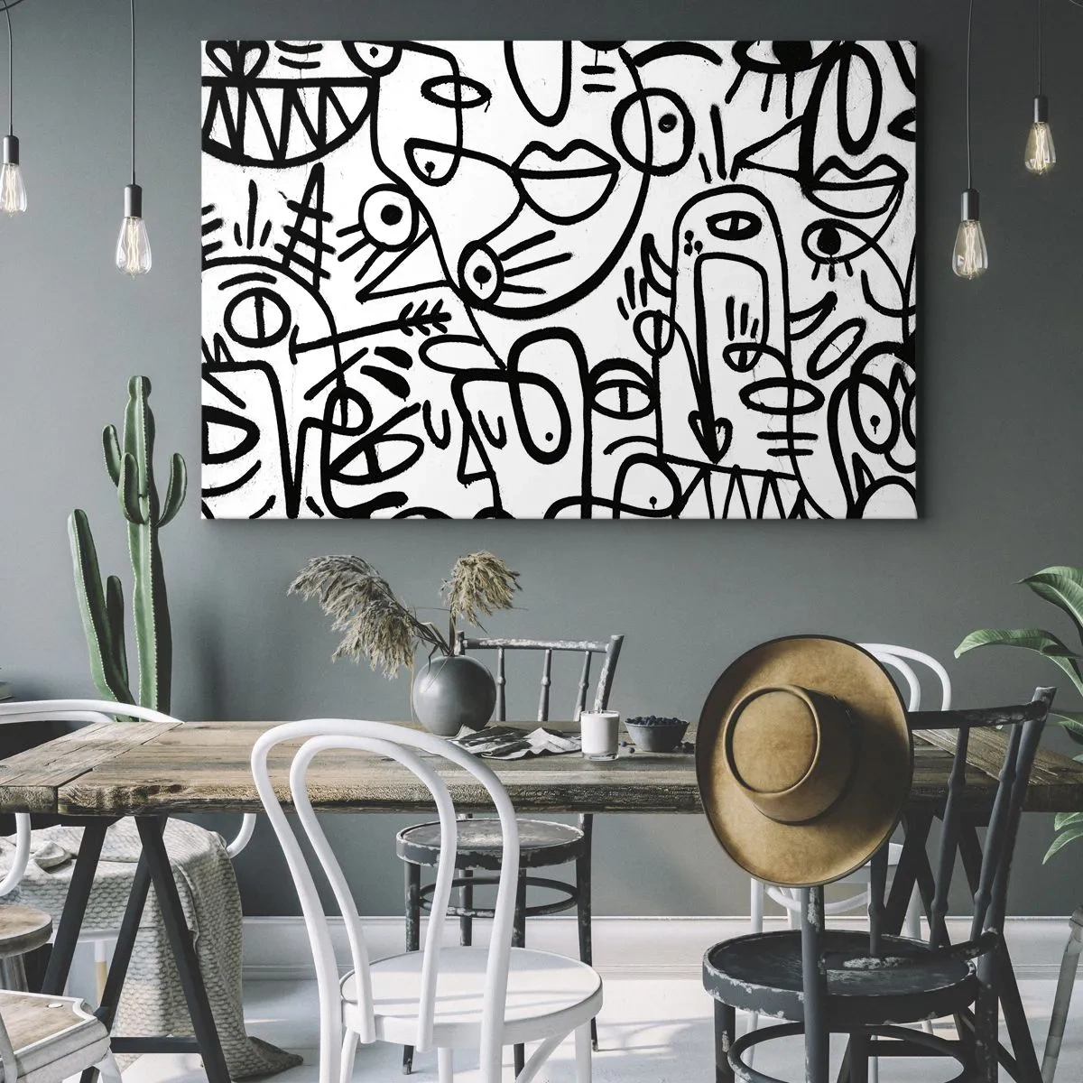 Obraz na plátně - Černobílé abstraktní kresby s motivy obličeje - 70x50cm - Tváře a přeludy - Moderní nástěnná dekorace do obývacího pokoje a ložnice ARTTOR