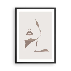 Plakát v černém rámu - Minimalistický portrét obličeje v odstínech béžové a hnědé. - 50x70cm - Stvořená ze světla a stínu - Moderní nástěnná dekorace do obývacího pokoje a ložnice ARTTOR