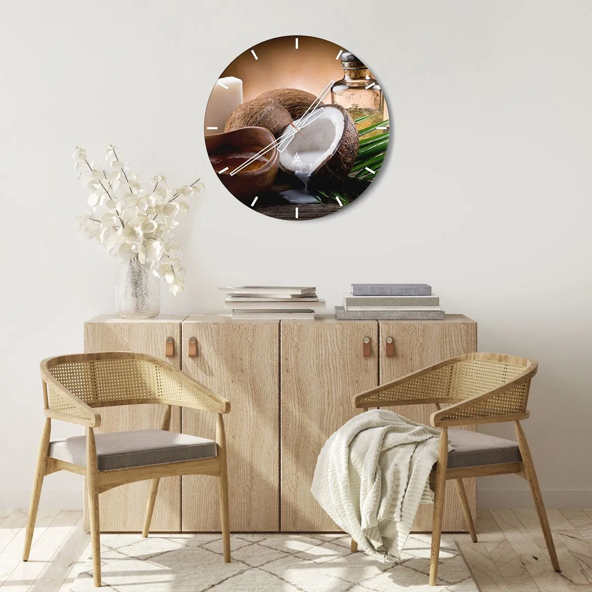 Nástěnné hodiny - Lámaný kokos s mlékem a tropickými doplňky - 30x30cm - Zdraví z tropických ostrovů - Moderní nástěnná dekorace do obývacího pokoje, kuchyně a ložnice ARTTOR