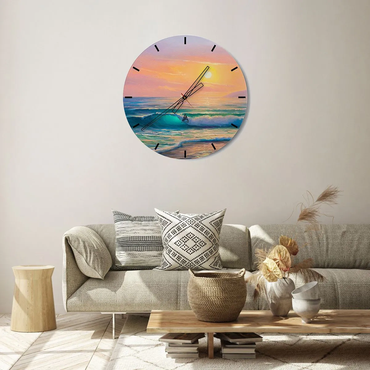 Nástěnné hodiny - Malebný západ slunce nad klidným oceánem - 30x30cm - Tyrkysová píseň vln - Moderní nástěnná dekorace do obývacího pokoje, kuchyně a ložnice ARTTOR