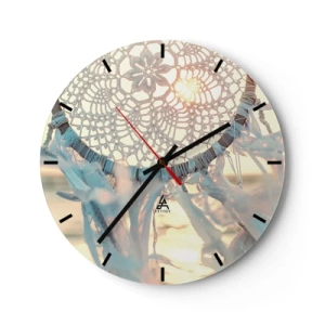 Nástěnné hodiny - Krajkový lapač snů se stuhami v paprscích západu slunce - 30x30cm - Krajkový totem - Moderní nástěnná dekorace do obývacího pokoje, kuchyně a ložnice ARTTOR