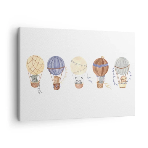 Obraz na plátně - Roztomilá zvířátka v balóncích na bílém pozadí - 70x50cm - Přátelé na cestách - Moderní nástěnná dekorace do obývacího pokoje a ložnice ARTTOR