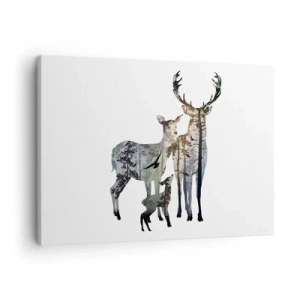 Obraz na plátně - Lesní krajina v siluetách jelenů - 70x50cm - Rodinná fotografie - Moderní nástěnná dekorace do obývacího pokoje a ložnice ARTTOR