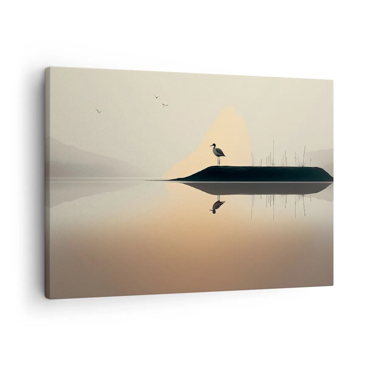 Obraz na plátně - Pták na ostrově v klidném jezeře s teplými odstíny - 70x50cm - Pán na jezeře - Moderní nástěnná dekorace do obývacího pokoje a ložnice ARTTOR