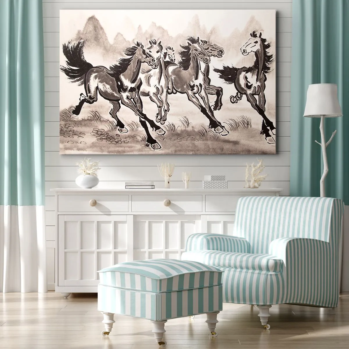 Obraz na plátně - Dynamická grafika cválajících koní v orientálním stylu - 70x50cm - V radostném cvalu - Moderní nástěnná dekorace do obývacího pokoje a ložnice ARTTOR