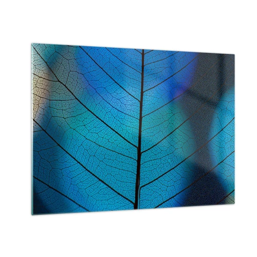 Obraz na skle - Detail modrého listu zobrazující strukturu žilek. - 70x50cm - Až do detailů - Moderní nástěnná dekorace do obývacího pokoje a ložnice ARTTOR