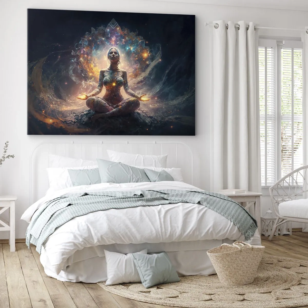 Obraz na plátně - Meditující postava obklopená energetickými vzory a barvami. - 70x50cm - Proudění dobré energie - Moderní nástěnná dekorace do obývacího pokoje a ložnice ARTTOR