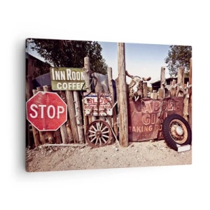 Obraz na plátně - Rustikální dekorace s cedulemi a kolečkem na plotě - 70x50cm - A čas se zastavil - Moderní nástěnná dekorace do obývacího pokoje a ložnice ARTTOR
