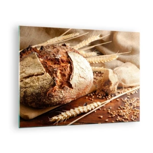 Obraz na skle - Chléb na prkénku s pšeničným klasy a pytli s obilím - 70x50cm - Chutný, voňavý, křupavý - Moderní nástěnná dekorace do obývacího pokoje a ložnice ARTTOR