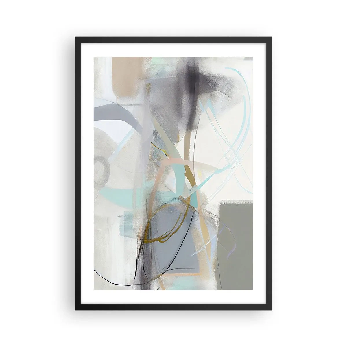 Plakát v černém rámu - Jemná abstrakce v odstínech šedé a modré - 50x70cm - Mlhavá abstrakce - Moderní nástěnná dekorace do obývacího pokoje a ložnice ARTTOR
