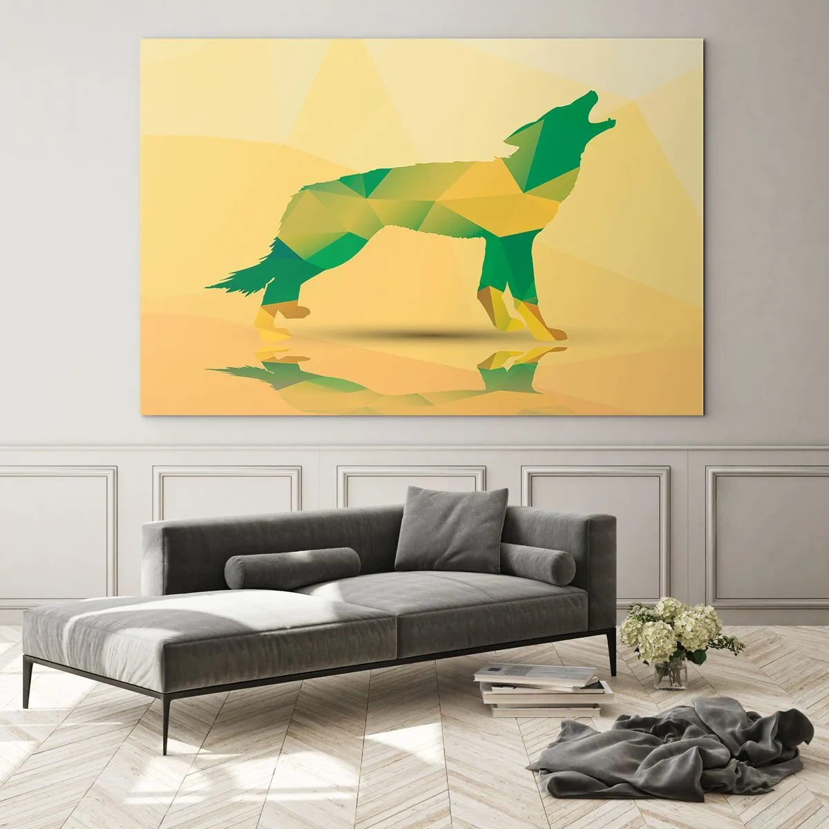 Obraz na skle - Geometrický vlk v barevné abstrakci - 70x50cm - Samotný vlk - Moderní nástěnná dekorace do obývacího pokoje a ložnice ARTTOR
