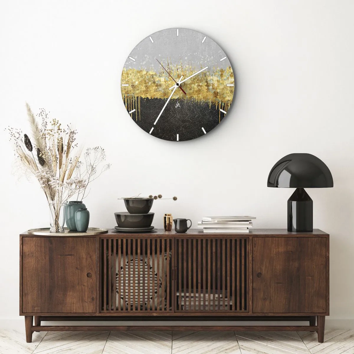 Nástěnné hodiny - Zlaté odlesky v umělecké kompozici na černém a šedém pozadí - 30x30cm - Dovnitř a vzhůru - Moderní nástěnná dekorace do obývacího pokoje, kuchyně a ložnice ARTTOR