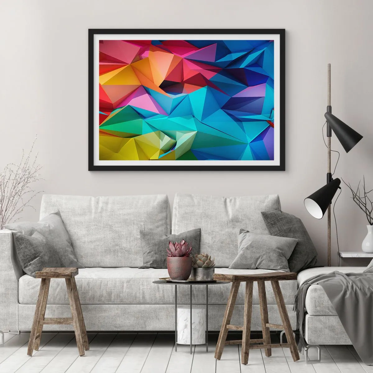 Plakát v černém rámu - Duhové origami - 100x70 cm