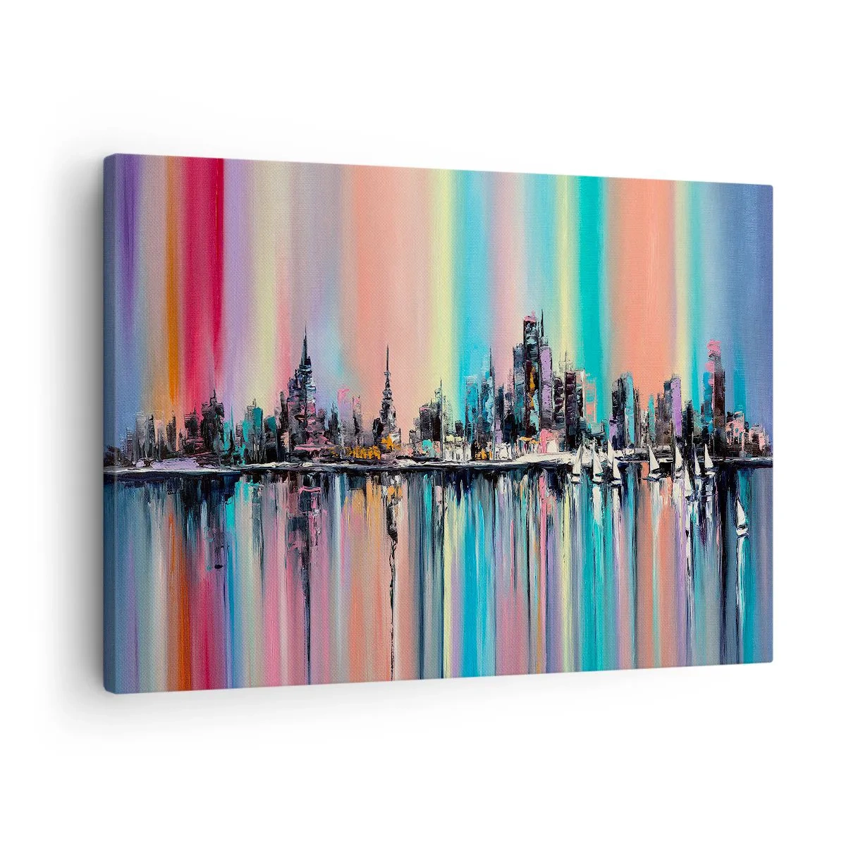 Obraz na plátně - Barevné městské panorama s odrazem na vodě - 70x50cm - Noční proud světla - Moderní nástěnná dekorace do obývacího pokoje a ložnice ARTTOR