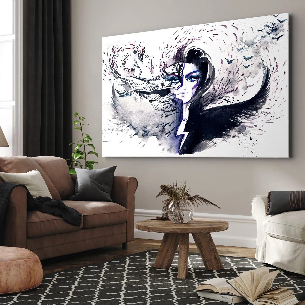 Obraz na plátně - Abstraktní obličej s kontrastními prvky a motivem křídla - 70x50cm - Démonická a krásná - Moderní nástěnná dekorace do obývacího pokoje a ložnice ARTTOR