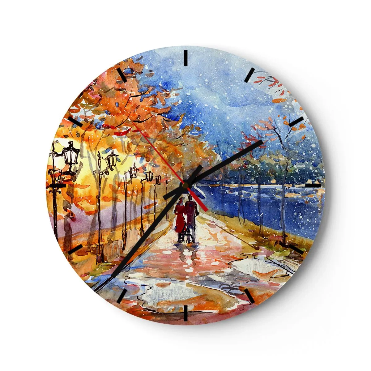 Nástěnné hodiny - Podzimní park s alejí, lucernami a párem jdoucím na procházce - 30x30cm - Společně k hranici času - Moderní nástěnná dekorace do obývacího pokoje, kuchyně a ložnice ARTTOR