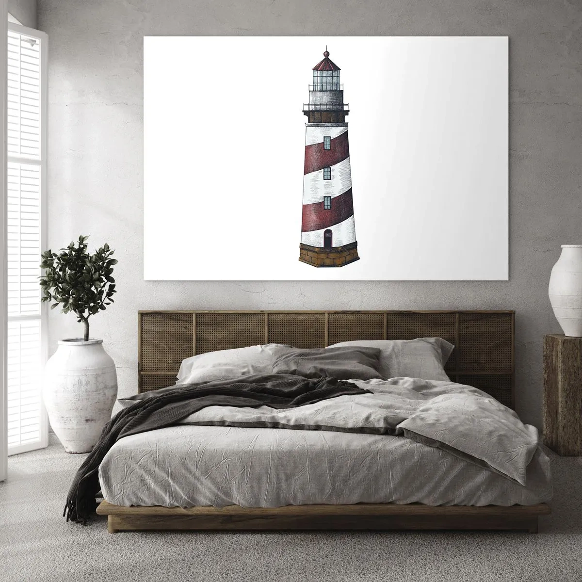 Obraz na skle - Červený a bílý maják na bílém pozadí - 70x50cm - Vždy na stráži - Moderní nástěnná dekorace do obývacího pokoje a ložnice ARTTOR