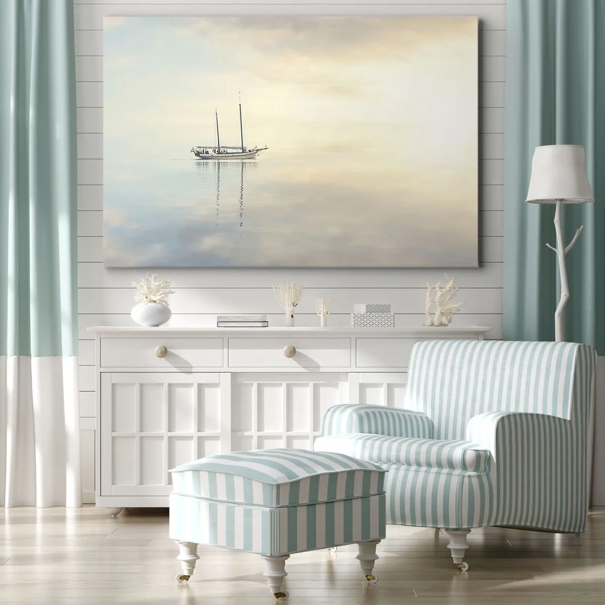 Obraz na plátně - Loď na klidném moři v měkkém světle - 70x50cm - V moři ticha - Moderní nástěnná dekorace do obývacího pokoje a ložnice ARTTOR