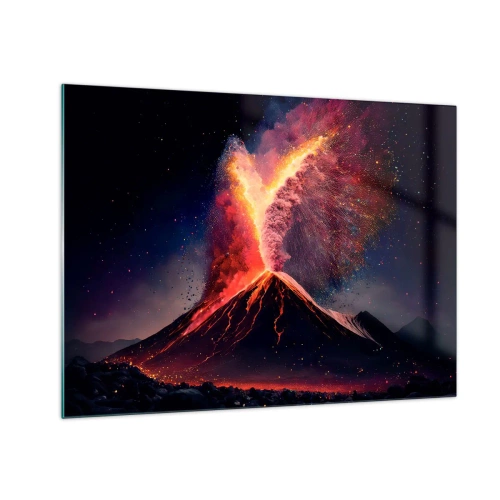 Obraz na skle - Erupce sopky s lávou a barevným oblakem prachu - 70x50cm - Krása a hrůza - Moderní nástěnná dekorace do obývacího pokoje a ložnice ARTTOR