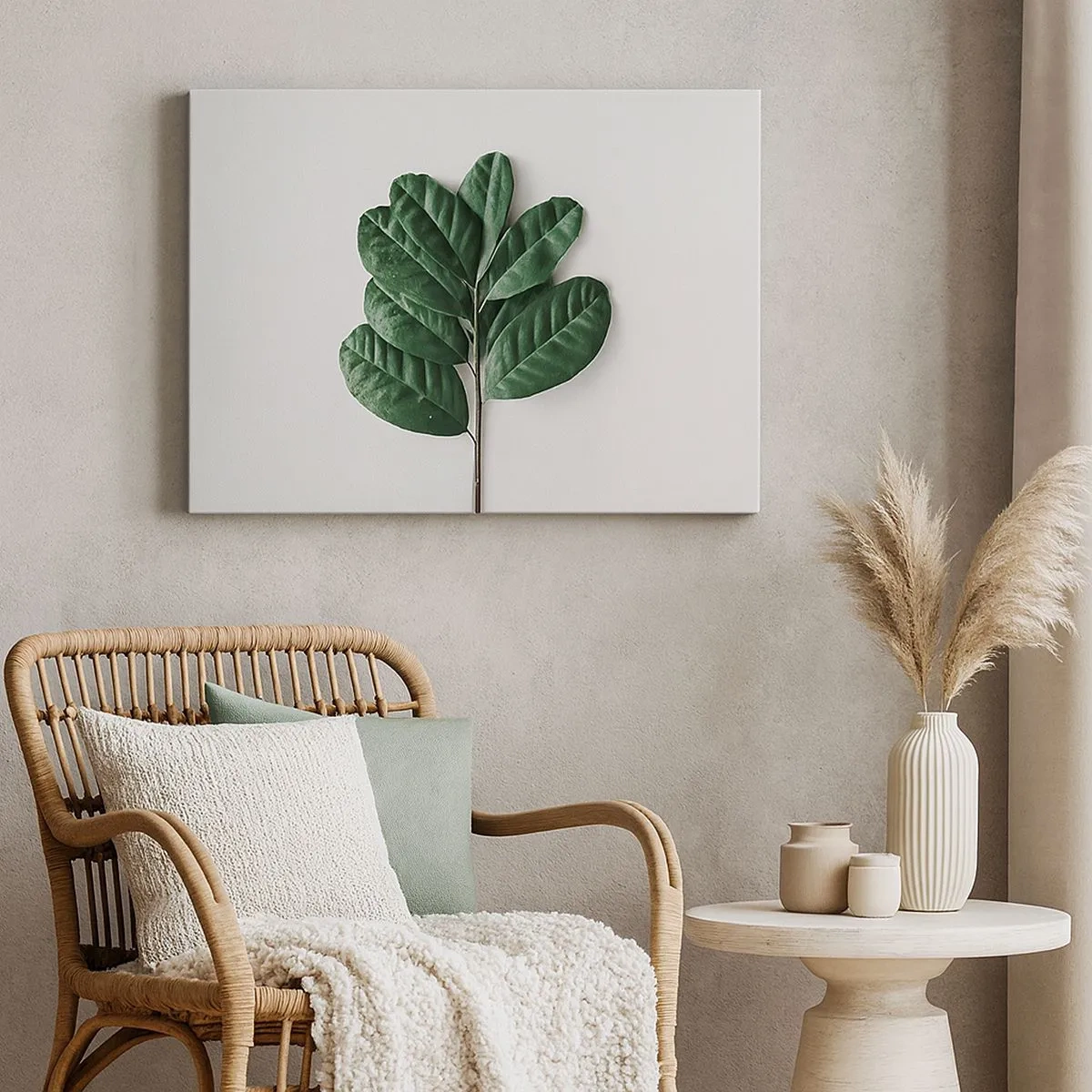 Obraz na plátně - Snítka zelených listů na světlém pozadí - 70x50cm - Kresba samotné přírody - Moderní nástěnná dekorace do obývacího pokoje a ložnice ARTTOR