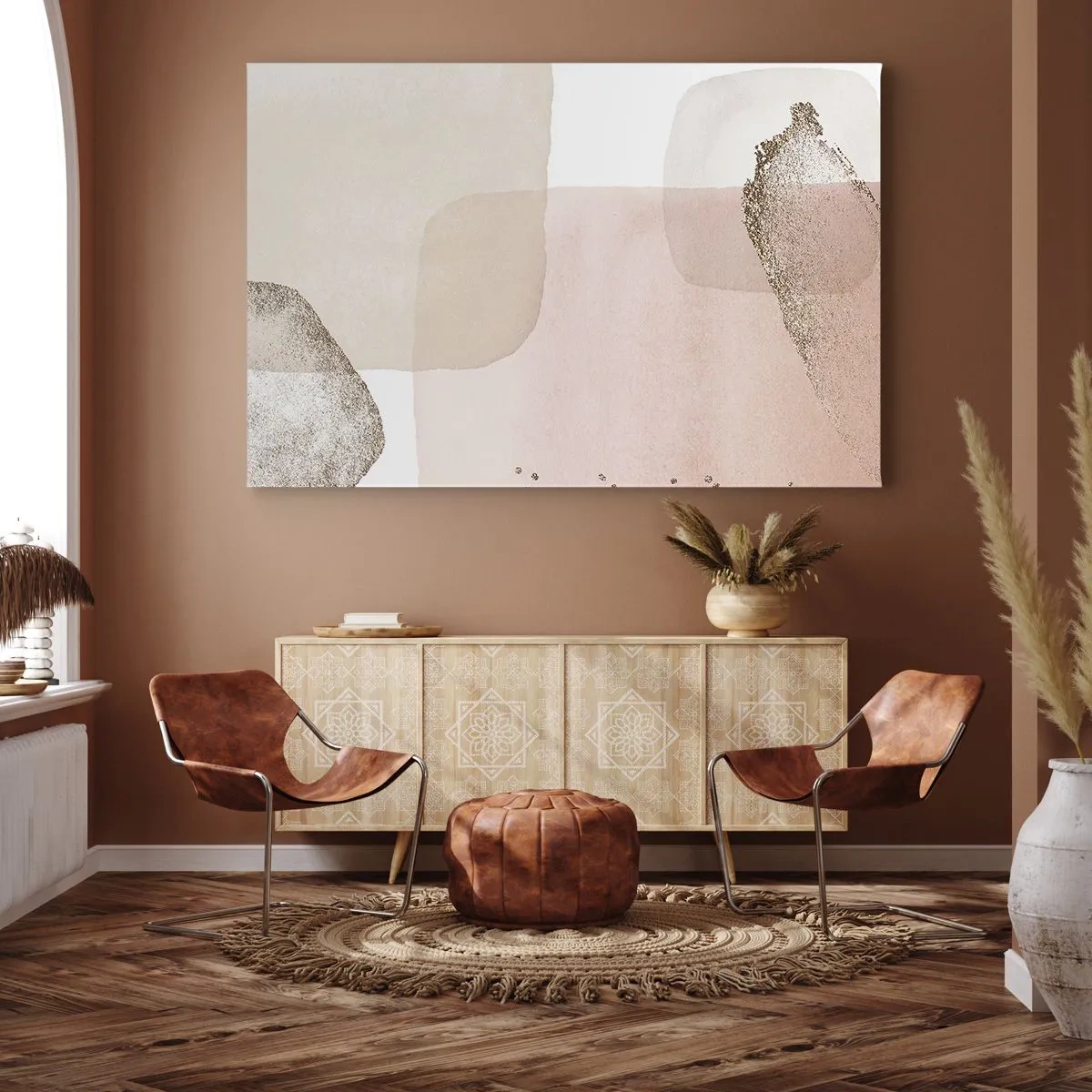 Obraz na plátně - Pastelové skvrny se zlatými prvky - 70x50cm - Pohled skrze barvy - Moderní nástěnná dekorace do obývacího pokoje a ložnice ARTTOR