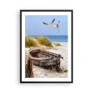 Plakát v černém rámu - Stará loď na pláži s racky v pozadí - 50x70cm - Větrem ozářené - Moderní nástěnná dekorace do obývacího pokoje a ložnice ARTTOR