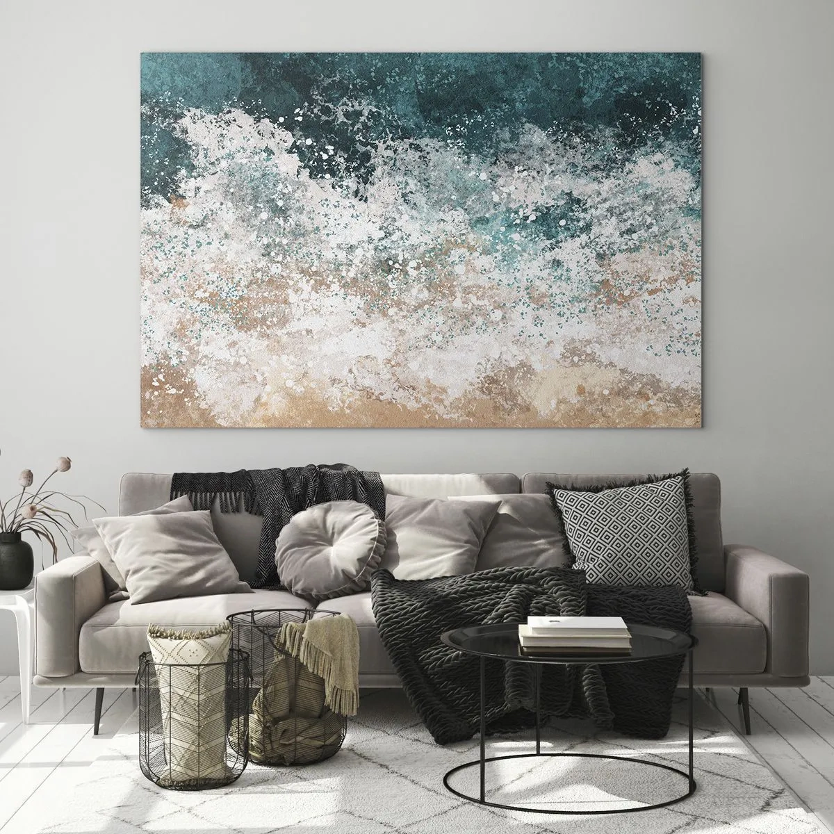 Obraz na skle - Abstraktní mořské vlny v odstínech tyrkysové, bílé a pískově béžové - 70x50cm - Mořské příběhy - Moderní nástěnná dekorace do obývacího pokoje a ložnice ARTTOR