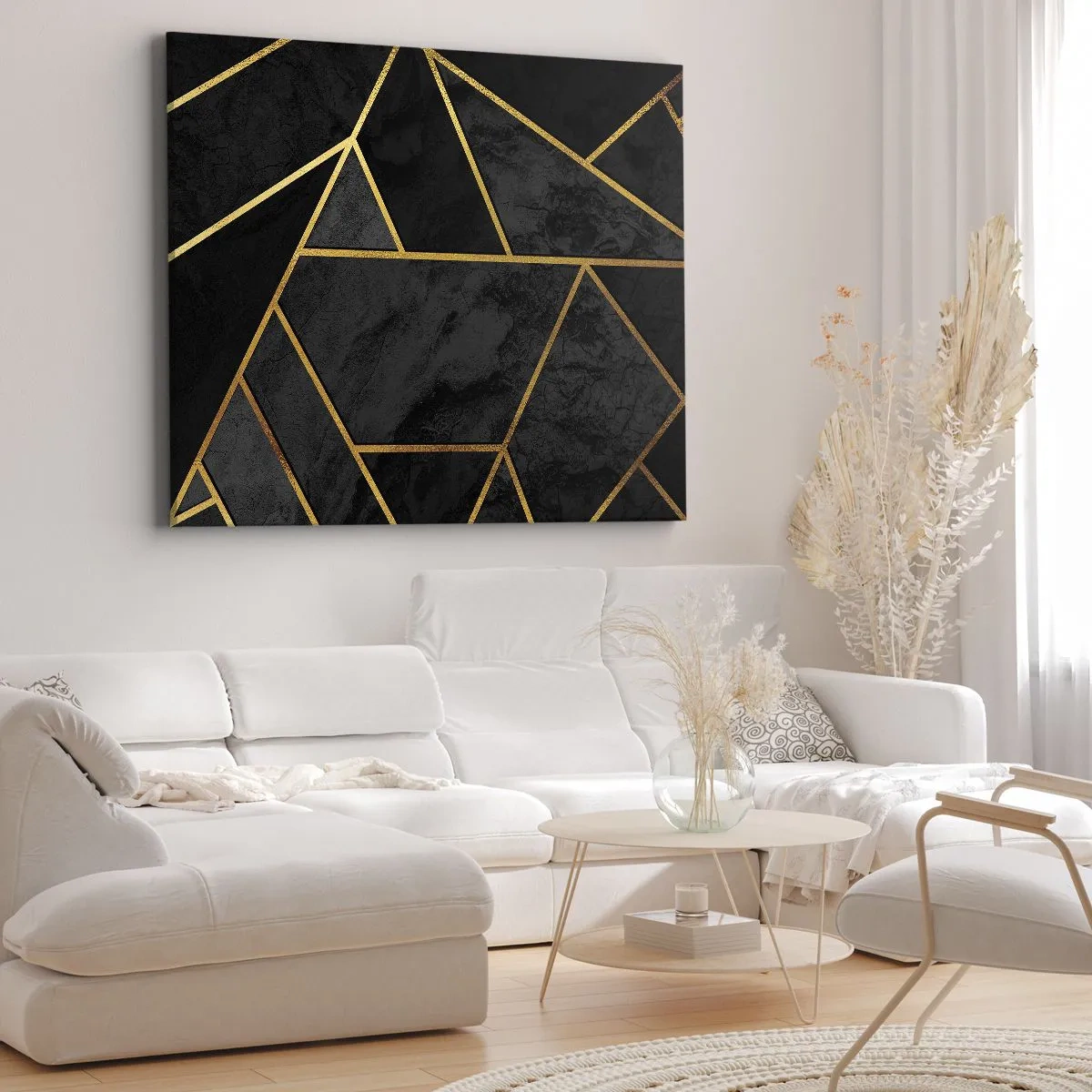 Obraz na plátně - Geometrický zlatý vzor na černém pozadí - 70x50cm - Temnota a světlo - Moderní nástěnná dekorace do obývacího pokoje a ložnice ARTTOR