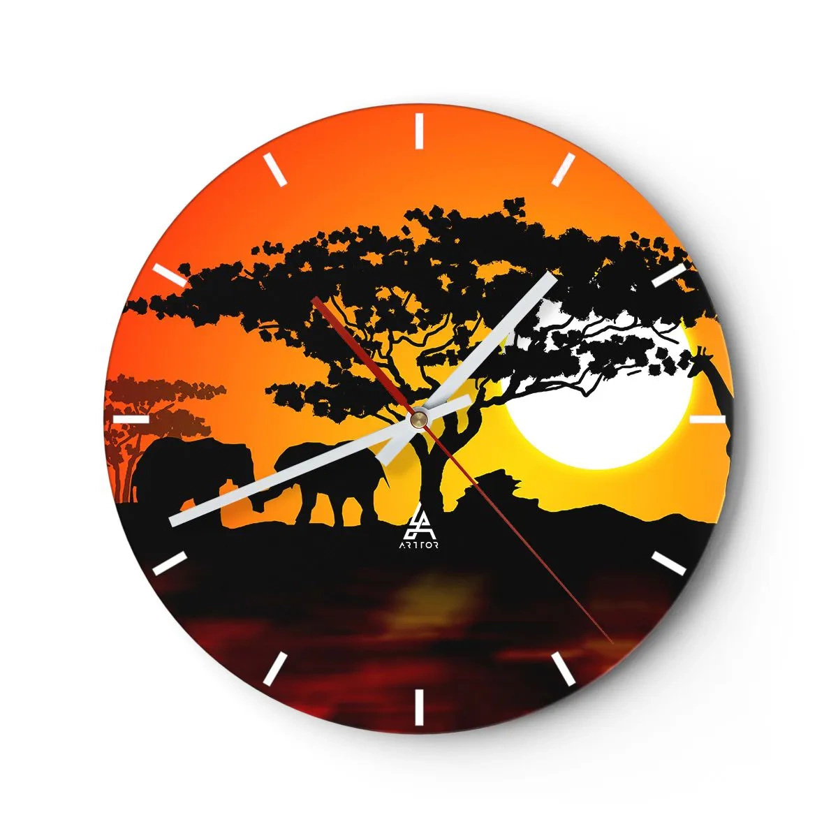 Nástěnné hodiny - Africká krajina se siluetami stromů a zvířat při západu slunce - 30x30cm - Setkání na savaně - Moderní nástěnná dekorace do obývacího pokoje, kuchyně a ložnice ARTTOR