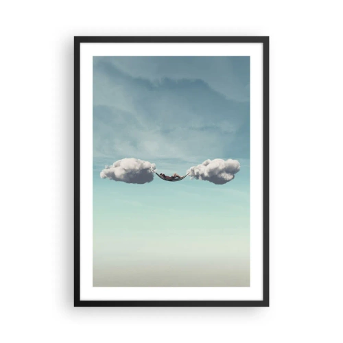 Plakát v černém rámu - Houpací síť zavěšená mezi dvěma mraky proti obloze - 50x70cm - Blaženost okamžiku - Moderní nástěnná dekorace do obývacího pokoje a ložnice ARTTOR