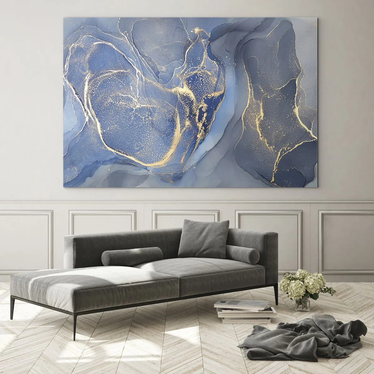 Obraz na skle - Abstraktní kompozice v odstínech tmavě modré a zlaté - 70x50cm - Zlatý prach - Moderní nástěnná dekorace do obývacího pokoje a ložnice ARTTOR