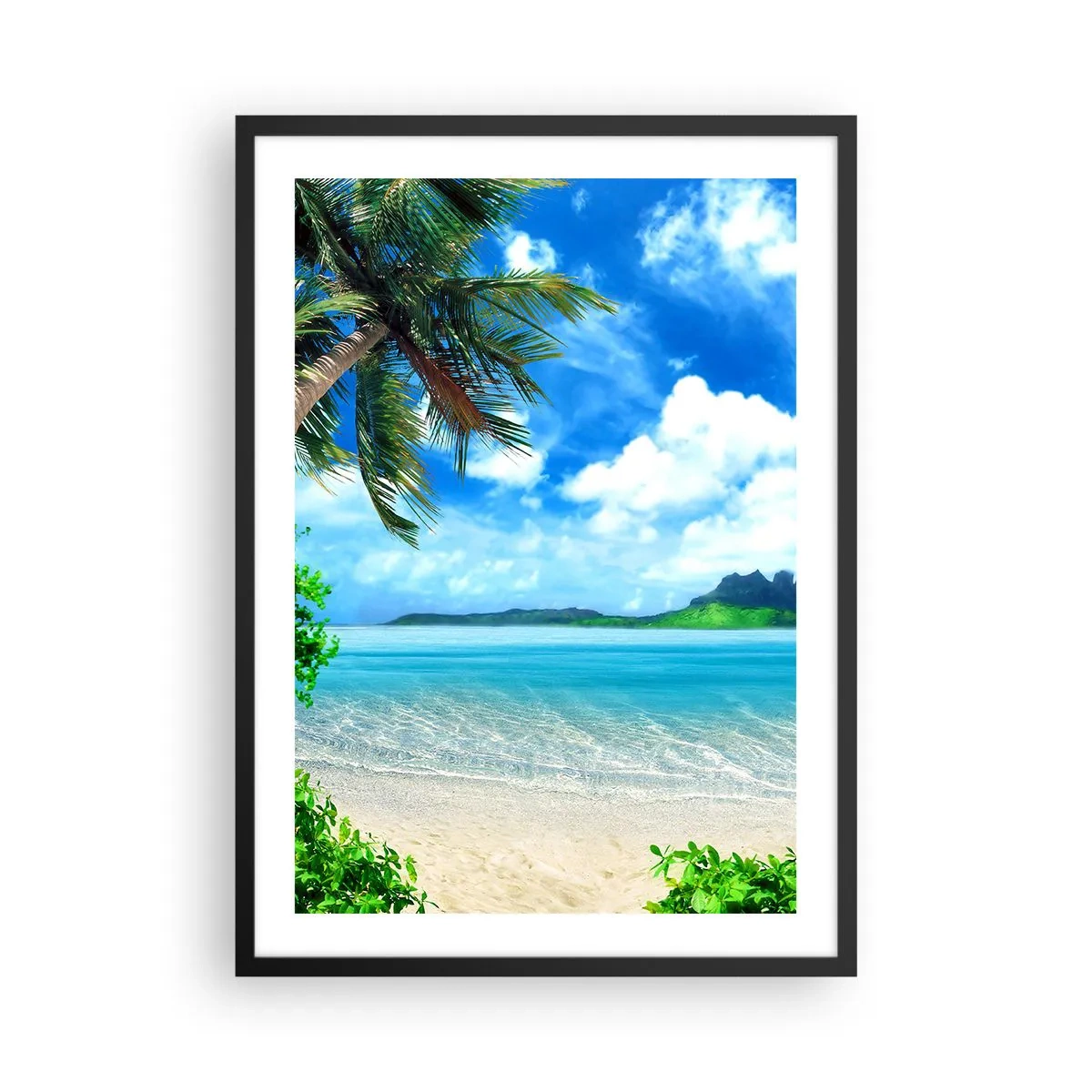 Plakát v černém rámu - Tropická pláž s palmami a azurovým mořem - 50x70cm - Modř tropů - Moderní nástěnná dekorace do obývacího pokoje a ložnice ARTTOR