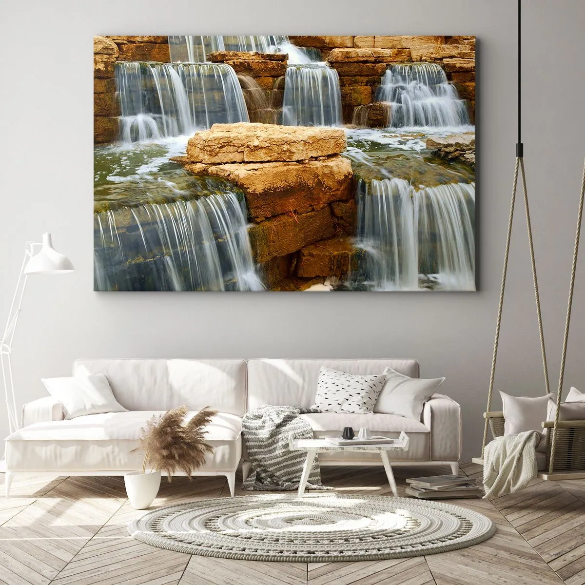 Obraz na plátně - Vodopád stékající po kamenných schodech - 70x50cm - Schody do nebe - Moderní nástěnná dekorace do obývacího pokoje a ložnice ARTTOR