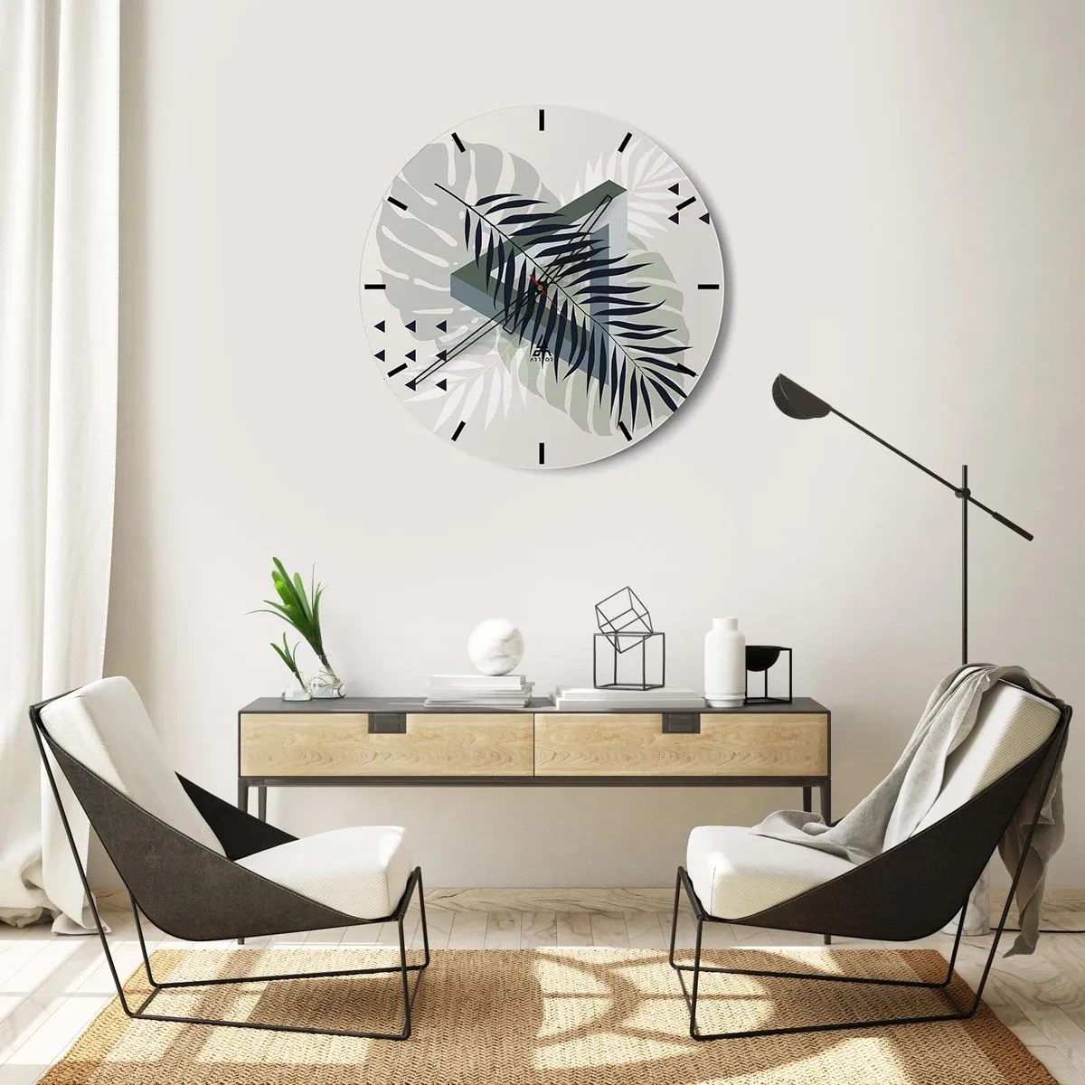 Nástěnné hodiny - Geometrická kompozice s tropickými listy - 30x30cm - Příroda a geometrie – dva řády? - Moderní nástěnná dekorace do obývacího pokoje, kuchyně a ložnice ARTTOR