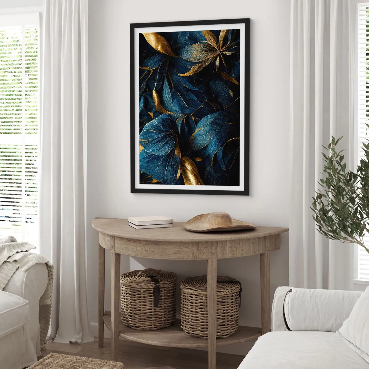 Plakát v černém rámu - Zlaté listy na tmavě modrém pozadí - 50x70cm - Podšívané zlatem - Moderní nástěnná dekorace do obývacího pokoje a ložnice ARTTOR