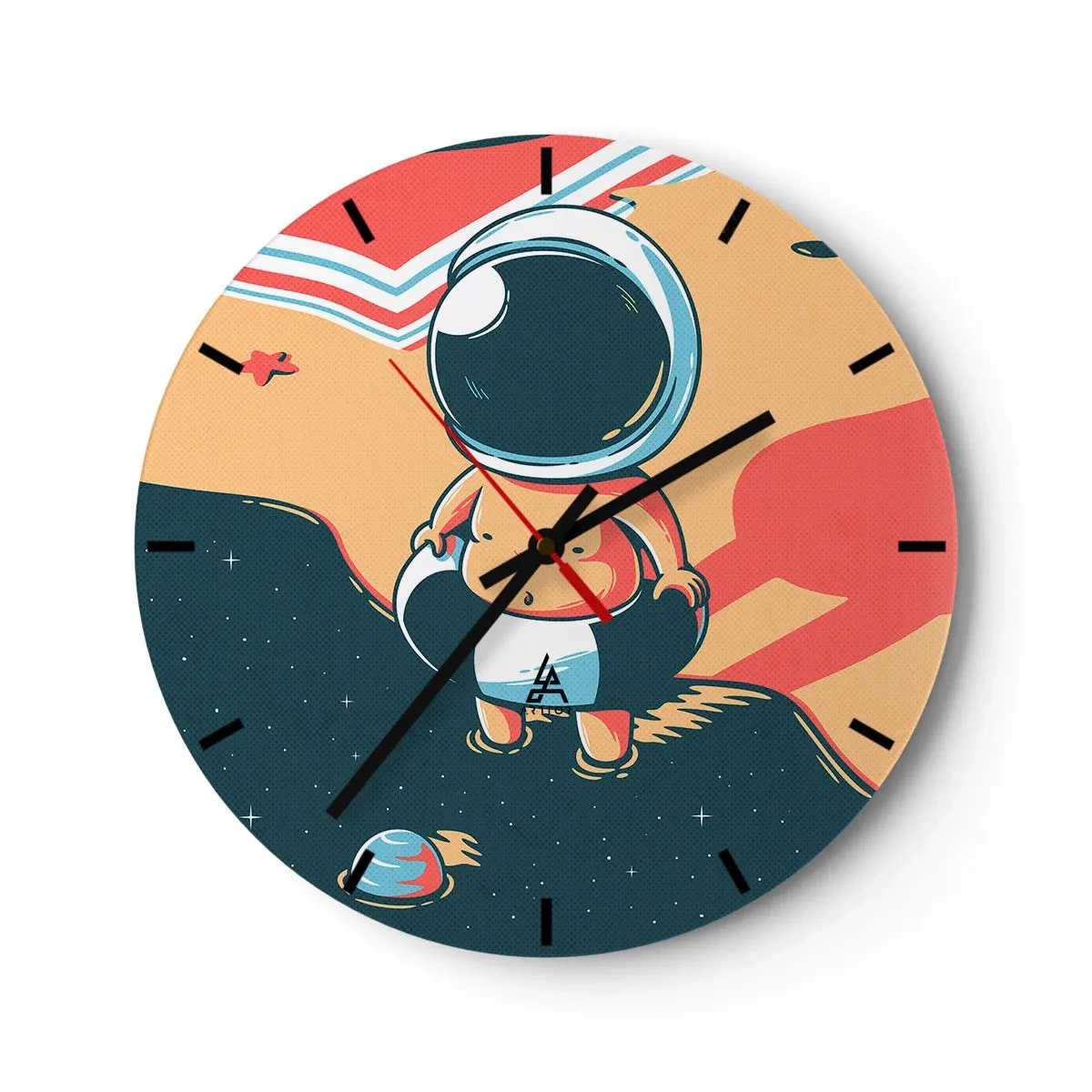 Nástěnné hodiny - Astronaut na vesmírném pozadí v retro stylu - 30x30cm - Z jiné perspektivy - Moderní nástěnná dekorace do obývacího pokoje, kuchyně a ložnice ARTTOR