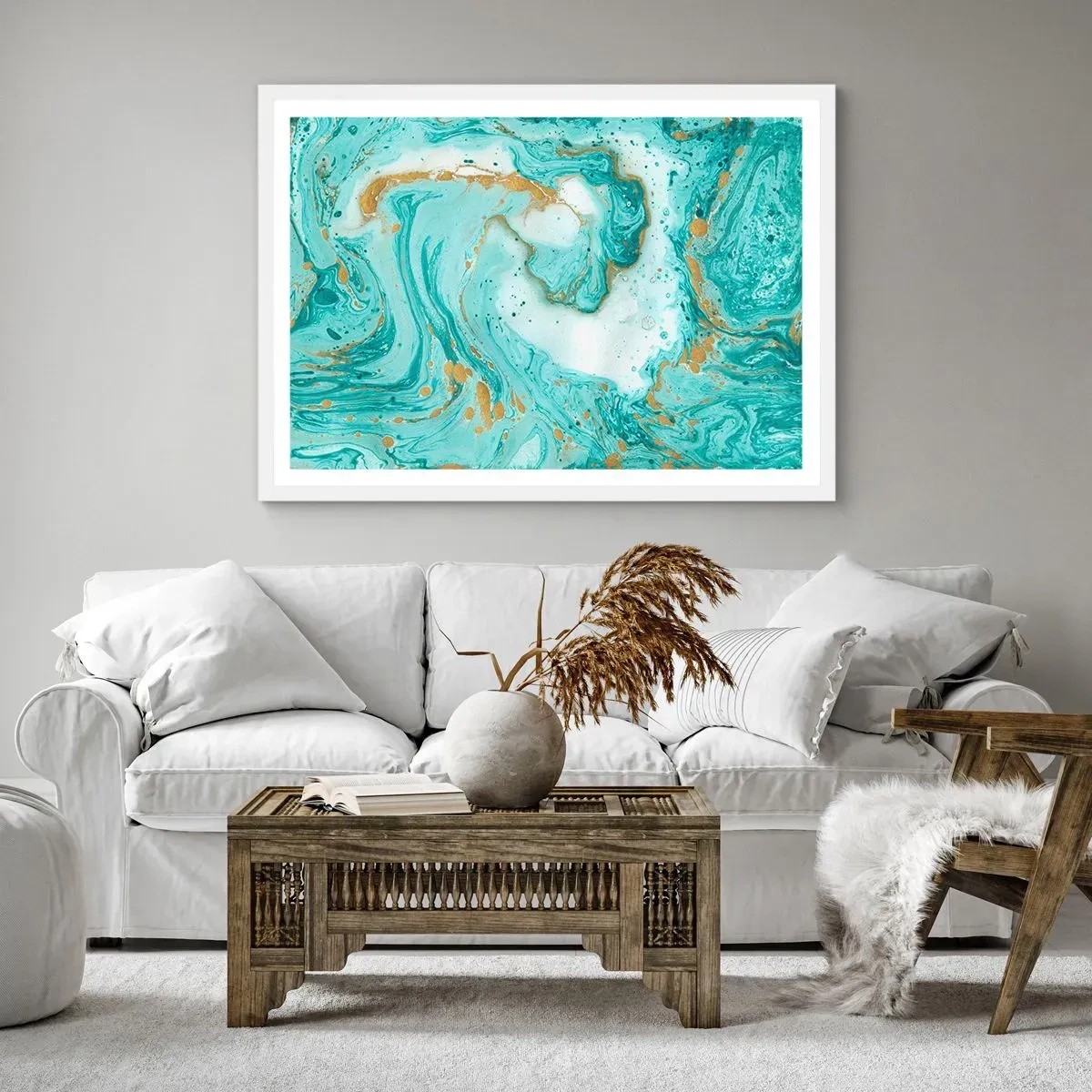 Plakát v bílém rámu - Pod velkou vlnou z epochy Edo - 50x40 cm