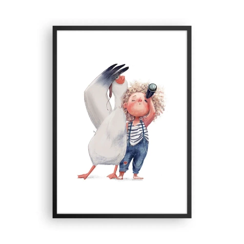 Plakát v černém rámu - Ilustrace dítěte s dalekohledem a ptáka, který je doprovází - 50x70cm - Plán na skvělou cestu - Moderní nástěnná dekorace do obývacího pokoje a ložnice ARTTOR