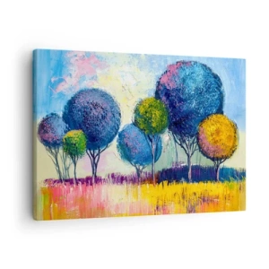 Obraz na plátně - Barevné stromy ve tvaru koule na pozadí krajiny - 70x50cm - Koule - tvar ideálu - Moderní nástěnná dekorace do obývacího pokoje a ložnice ARTTOR