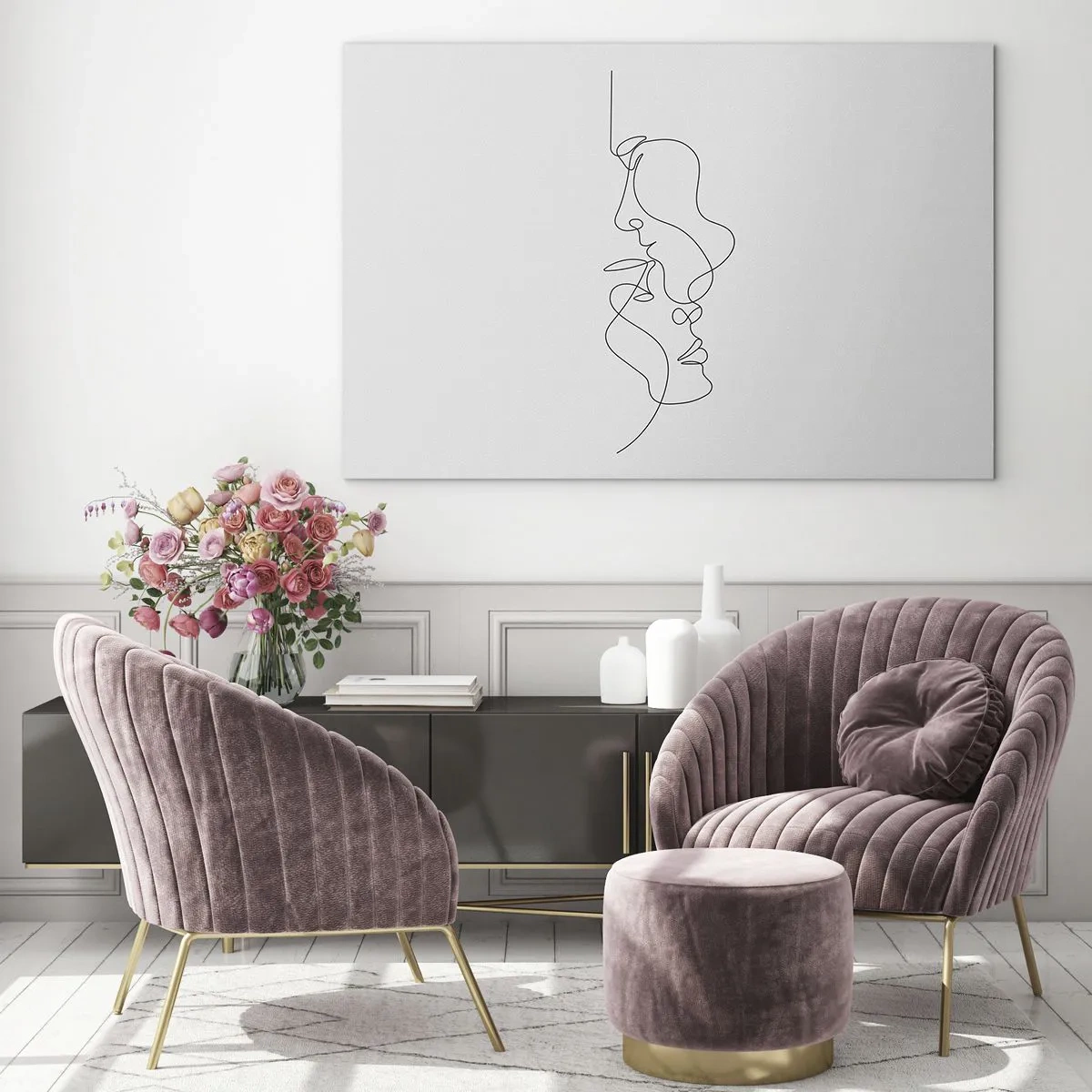 Obraz na skle - Jemná kresba dvou tváří v jednom obrysu - 70x50cm - Žár vášnivých tužeb - Moderní nástěnná dekorace do obývacího pokoje a ložnice ARTTOR
