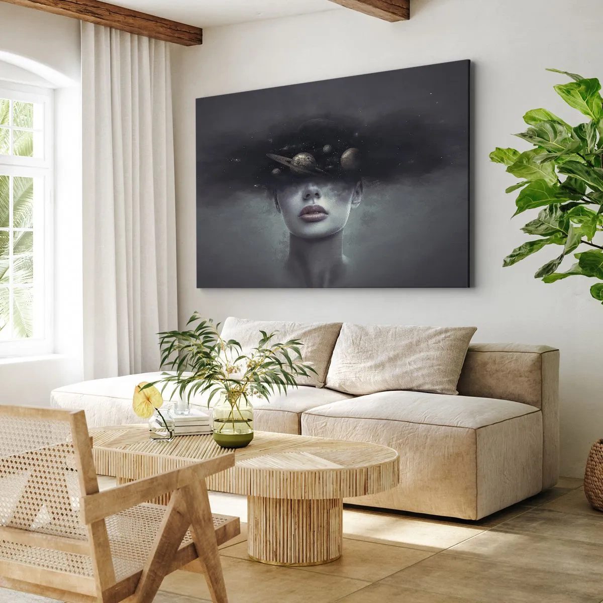 Obraz na plátně - Ženská tvář s motivem planety a vesmíru v pozadí - 70x50cm - A planety… - Moderní nástěnná dekorace do obývacího pokoje a ložnice ARTTOR