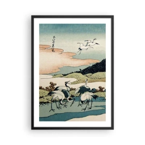 Plakát v černém rámu - Tradiční japonské umělecké dílo s jeřáby v přírodní krajině - 50x70cm - V japonském duchu - Moderní nástěnná dekorace do obývacího pokoje a ložnice ARTTOR