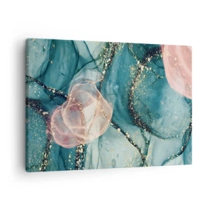 Obraz na plátně - Abstraktní kompozice v odstínech tyrkysové a zlaté. - 70x50cm - Modré hedvábí modré, růžový tyl - Moderní nástěnná dekorace do obývacího pokoje a ložnice ARTTOR